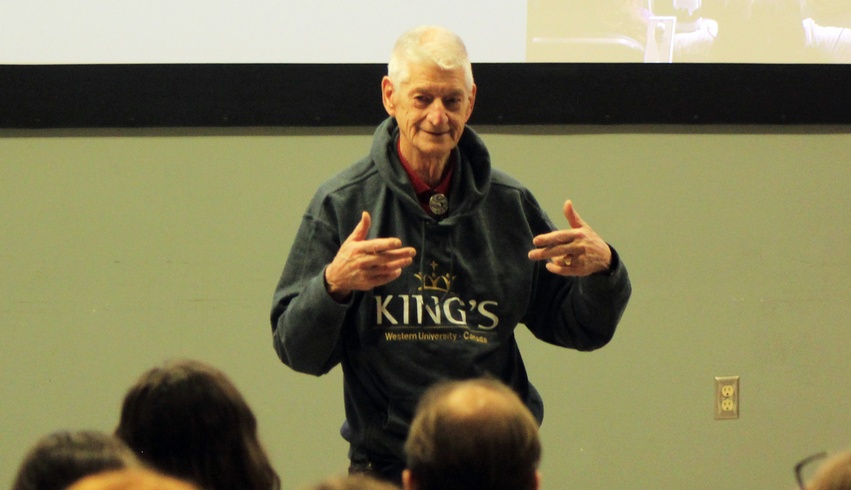 King's student Ron Robert speaks to Schulich class