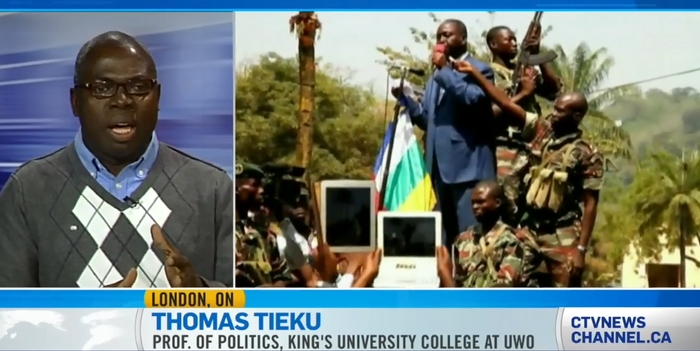 Professor Thomas Tieku discussing with CTV News Channel aid from Canada to Central African Republic